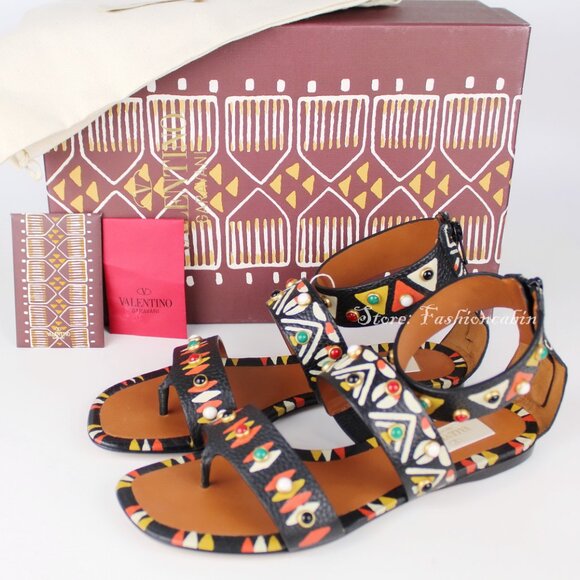 NEW VALENTINO Runway Tribal Stud Sandals | Boho Flat Sandals for Summer - Picture 3 of 16